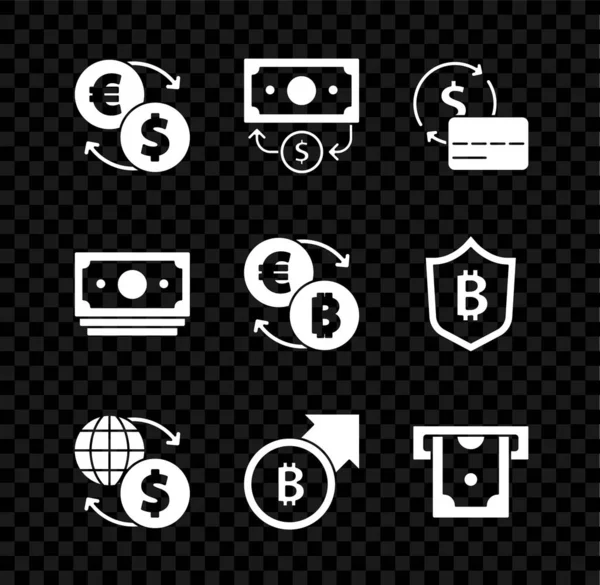 Conjunto de cambio de dinero, pilas de papel moneda en efectivo, tarjeta de crédito, crecimiento financiero y bitcoin, cajero automático, y el icono de criptomoneda. Vector — Vector de stock