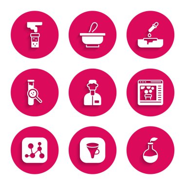 Laboratuvar asistanı, Huni filtresi, bitki yetiştirme, kimyasal çevrimiçi formül, deney tüpü ve matara, pipet ve ikonlu Petri kabı ayarlayın. Vektör