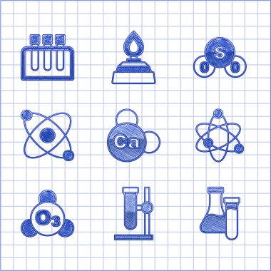 Mineral Ca Kalsiyum, test tüpü şişesi, Atom, Ozone, sülfür dioksit SO2 ve ikon hazır olsun. Vektör