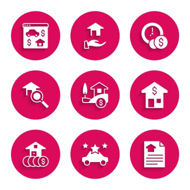 Evi dolar, araba paylaşımı, kontrat, arama evi zaman para ve online emlak ikonu ile ayarla. Vektör