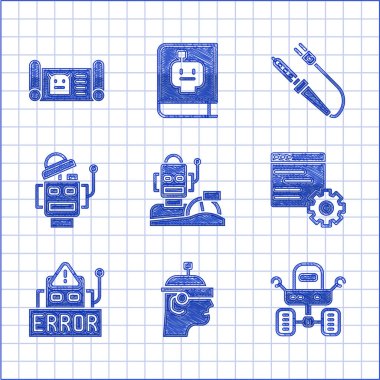 Robot insanımsıyı araba sürerken ayarla, Akıllı gözlükler, Mars gezgini, Bilgisayar api arayüzü, Hata robotu, lehimleme demiri ve taslak simgesi. Vektör
