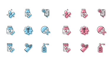 İlaç şişesi, hap, krem tüpü ilacı ya da tablet, hortum spreyi, acil durum yıldızı tıbbi sembolü Caduceus yılan sopası ve ikon. Vektör