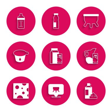 Kefir, Meme, Krem şanti, Süt sürahisi ve cam, Peynir, Yoğurt kabı ve Bebek Sütü ikonu için kağıt paketi hazırla. Vektör