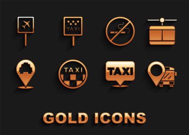 Taksi çatısını, kablolu TV 'yi, otobüs, taksi, sigara içilmez, havaalanı ve yol tabelasını stand simgesi olarak ayarla. Vektör