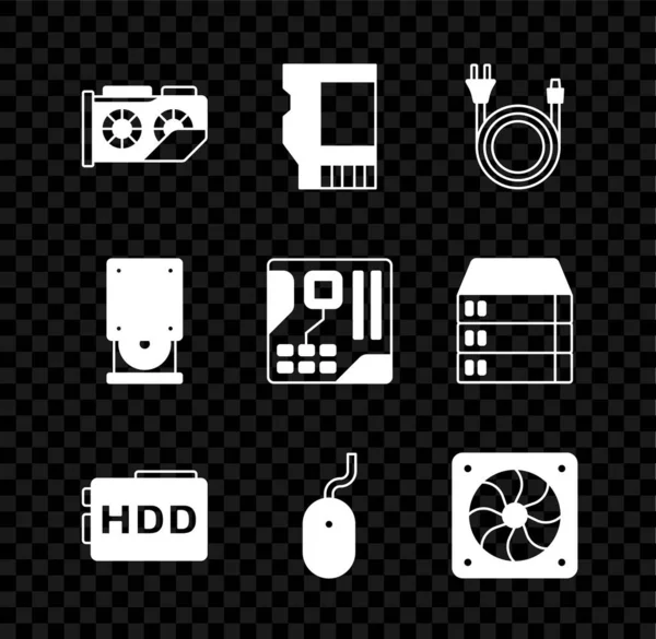 Definir placa gráfica de vídeo, SD, ficha elétrica, unidade de disco rígido HDD, mouse de computador, refrigerador, disco óptico e placa-mãe ícone de chip digital. Vetor — Vetor de Stock