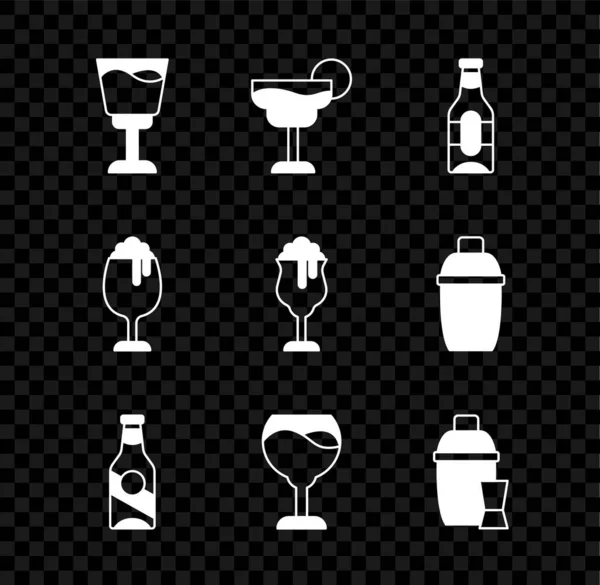 Zestaw kieliszek do wina, koktajl, butelka piwa, shaker, szklanka piwa i ikona. Wektor — Wektor stockowy