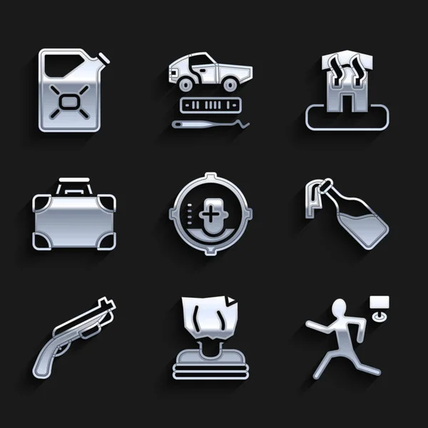 Set Headshot, Kidnaping, Murder, Cocktail molotov, Police shotgun, Briefcase and money, Arson home and Canister fuel icon. Vector — Stock Vector