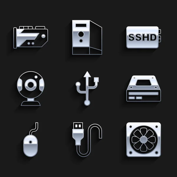USB, kabelkabel, computerkoeler, optische schijfaandrijving, muis, webcamera, SSHD-kaart en videopictogram. Vector — Stockvector