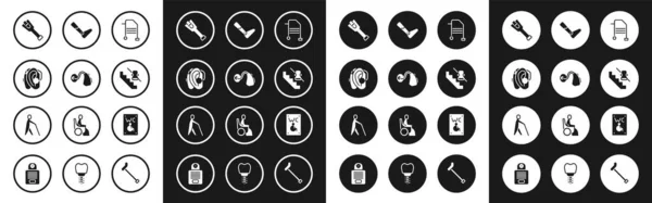 Set Rollator, Hörgerät, Beinprothese, Behindertenfahrstuhl, separate Toilette für Behinderte und blinde menschliche Haltestäbchen-Symbol. Vektor — Stockvektor
