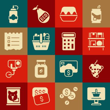 Alışveriş arabasını bilgisayara, üzüm meyvesine, kutuları olan depoya, tavuk yumurtasına, sepete ve yiyeceğe, listeye, sos şişesine ve hesap makinesi ikonuna ayarla. Vektör