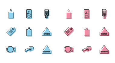 İlan tahtası asma, kredi kartı ile insan eli tutma, kağıt alışveriş torbası, asma yazısı kapalı, açık kapı, indirimli yüzde etiketi ve cep telefonu arabası ikonu. Vektör