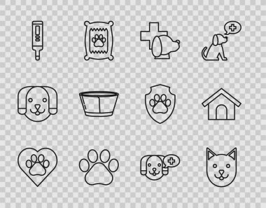 Çizgiyi hayvanların ayak izi, Cat, Veteriner Kliniği sembolü, Paw, Tıbbi dijital termometre, Koruyucu Koni tasması ve Köpek Evi ikonu ile ayarla. Vektör