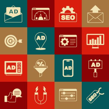 SEO optimizasyonunu, Reklamcılığı, grafik grafiği, Target ve Tarayıcı ayar simgesini ayarla. Vektör