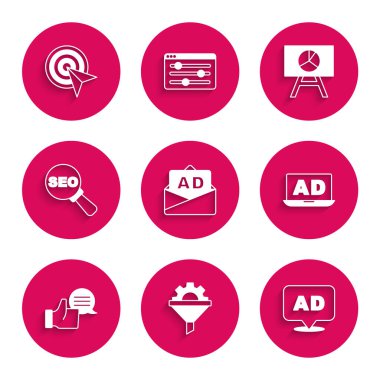 Reklamcılığı, satış hunisini teçhizatlı olarak ayarla, Müşteri ürün derecelendirmesi, SEO optimizasyonu, Pano grafik çizelgesi ve Hedef simgesi. Vektör