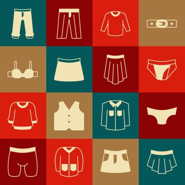 Etek, erkek iç çamaşırı, süveter, sutyen, pantolon ve ikon. Vektör