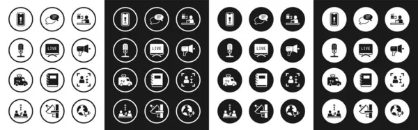 Set Breaking news, Live report, Microphone, Mobile recording, Megaphone, Speech bubble chat, Television and TV News car icon. Вектор — стоковый вектор