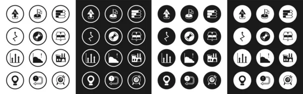 Definir gráfico de pizza infográfico, Ampulheta velha com areia, Seta, Percentagem seta para cima, Camadas, Bandeira, Fábrica e ícone. Vetor — Vetor de Stock