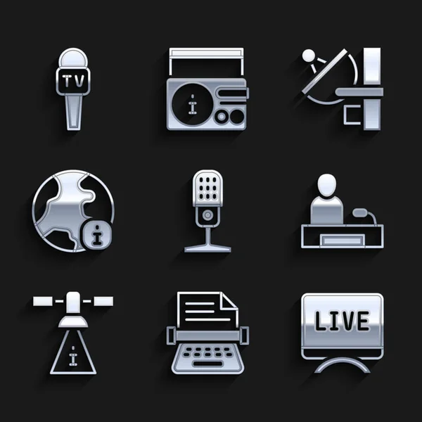 Set Mikrofon, Retro psací stroj, Live reportáž, Televize, Satelit, World news, Radar a ikona. Vektor — Stockový vektor