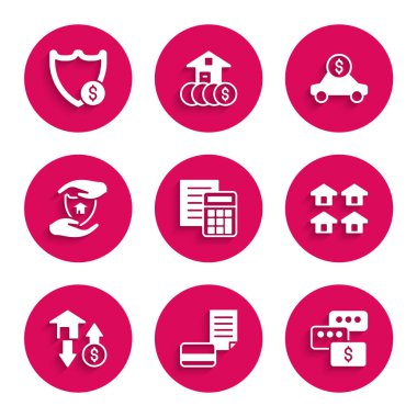 Hesap makinesi, kredi kartı, fiyat pazarlığı, emlak, dolar, rozet, araba kiralama ve Shield ikonu. Vektör
