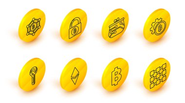 Hat engelleme teknolojisi, Kripto para Bitcoin, Ethereum ETH, anahtar, cüzdan, bitcoin ve simgeyle kilit. Vektör