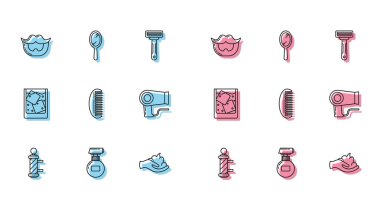 Klasik berber dükkanı direği, krem veya losyon kozmetik tüpü, bıyık ve sakal traş jeli, saç fırçası, kurutucu, bir bardak buzlu viski ve el aynası ikonu. Vektör