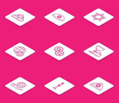 Yahudi pastanesi, David, Star David, World Globe ve Israel 'in yıldızı Kippah, madeni para, bardakta Hanuka sufganiyot ve yanan mum şamdan ikonu. Vektör