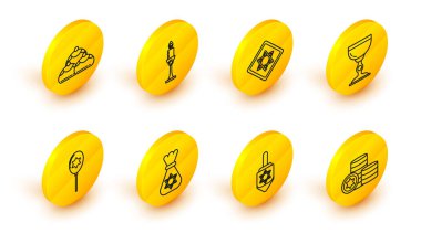 Sabit Yahudi parası, Hanukkah dreidel, David 'in yıldızlı para çantası, Balon kurdelesi, kadeh, Star David, yanan mum şamdanı ve tatlı fırın ikonu. Vektör
