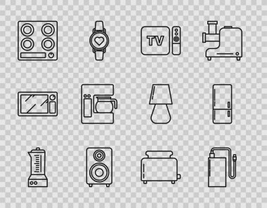 Hat blenderi, TV alıcısı, uzaktan kumanda, hoparlör, gaz ocağı, kahve makinesi, cam kap, tost makinesi tostu ve buzdolabı ikonu. Vektör