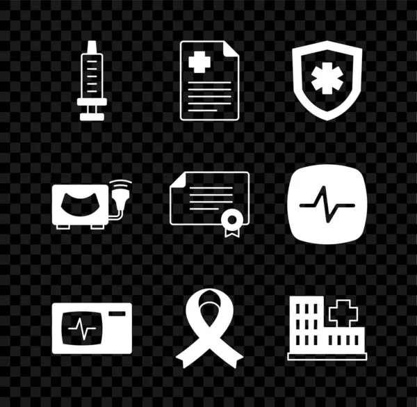 Set Spuit, Patiëntendossier, Levensverzekering, Monitor met cardiogram, Awareness lint, Ziekenhuisgebouw, echografie en certificaat sjabloon pictogram. Vector — Stockvector
