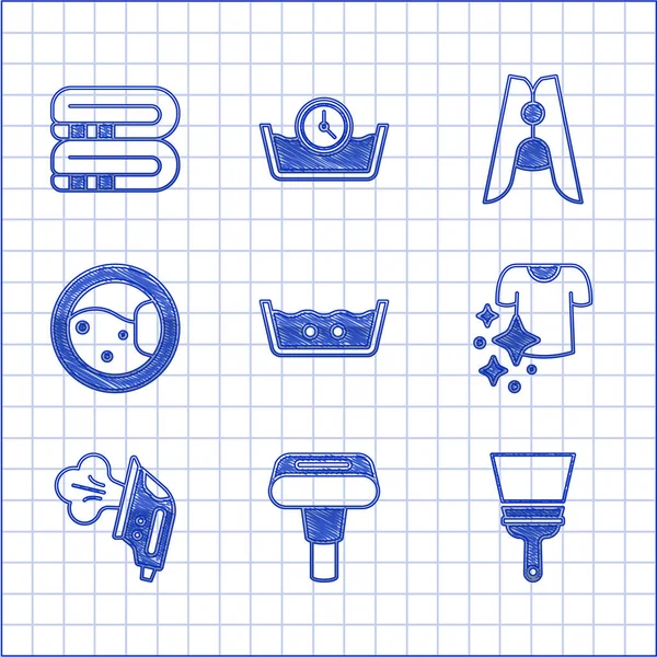 Set Temperature wash, Garment steamer, Rubber cleaner for windows, Drying clothes, Electric iron, Washer, Clothes pin and Towel stack icon. Vector — Stock Vector