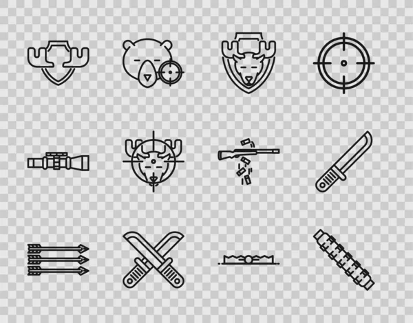 Set line Hipster arrows, Hunting cartridge belt with cartridges, Moose head on shield, Crossed hunter knife, horns, moose crosshairs, Trap hunting and Hunter icon. Vector — Stock Vector