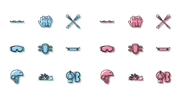 Set line Helmet, Bicycle on street ramp, Snowboard, Diving mask and aqualung, Knee pads, Skateboard, Ski goggles and Gloves icon. Vector