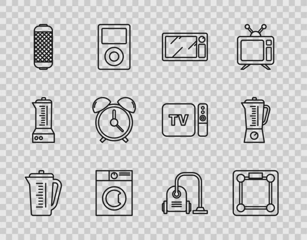 Set line Measuring cup, Bathroom scales, Microwave oven, Washer, Stereo speaker, Alarm clock, Vacuum cleaner and Blender icon. Vector — Stock Vector