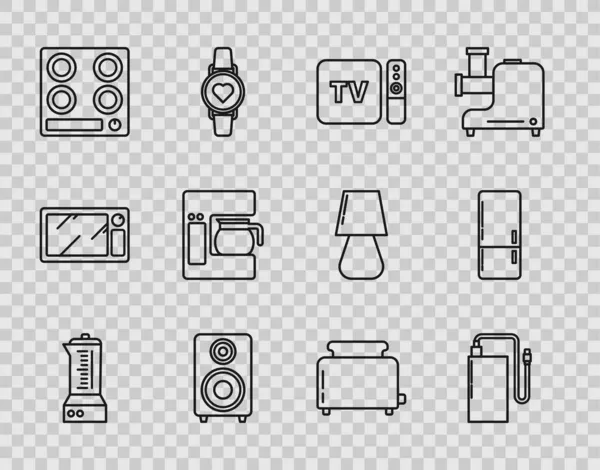 Set line Blender, receptor de TV y reproductor de mando a distancia, altavoz estéreo, estufa de gas, cafetera olla de vidrio, tostadas y el icono del refrigerador. Vector — Archivo Imágenes Vectoriales