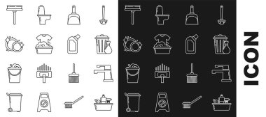 Sıvı bulaşık deterjanı, su musluğu, çöp tenekesi ve çöp torbası için plastik şişeler, sabun köpüklü leğen, bulaşık makinası, kazıyıcı, silecek ve ikon. Vektör