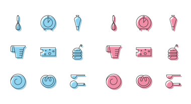 Tarçınlı çörek, kraker, mutfak çırpısı, ölçü kaşığı, peynir, hamburger, fincan ve zamanlayıcı ikonu. Vektör