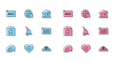 Konuşma baloncuğunda, kalp şeklinde, asılı yazı, Online İndirim, Yüzme havuzu merdiveni, El arabası ve kutular, Karton ev ve Globe sembolü ikonu. Vektör