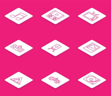 Set çizgisi Müzik Notası, ton, taşınabilir video oyun konsolu, Televizyon, Gamepad, ahşap sehpa resim tahtaları, fotoğraf çerçeveleri, turist çadırı ve ikon. Vektör