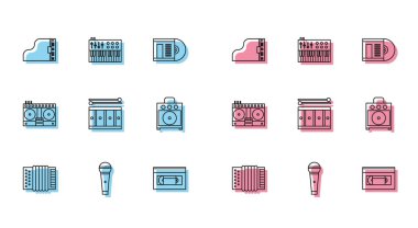 Hat hattı müzik enstrümanı akordiyonu, mikrofon, Grand piano, VHS video kaset teybi, davul çubuklu Drum, gitar amplifikatörü, karışık müzik ve sentezleyici simgesi çalmak için DJ kumandası. Vektör