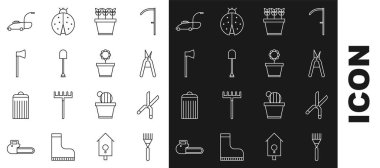 Bahçe tırmığı, bahçe makası, saksı, kürek, tahta balta, çim biçme makinesi ve çiçek ikonu. Vektör