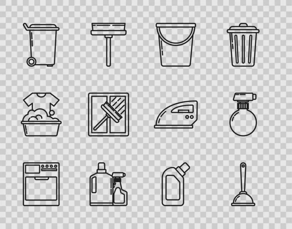 Set line Wasmachine, WC zuiger, emmer, Plastic flessen voor vloeibare vaatwasvloeistof, prullenbak, Squeegee, schraper, ruitenwisser, en pictogram. Vector — Stockvector