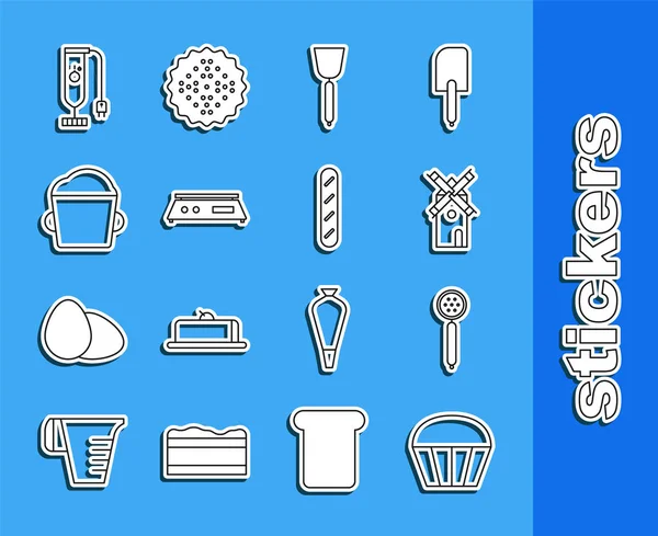 Set line Muffin, Cuchara colador, Molino de viento, Espátula, Básculas electrónicas, Panadería tazón de masa, Licuadora y el icono del pan baguette francés. Vector — Vector de stock