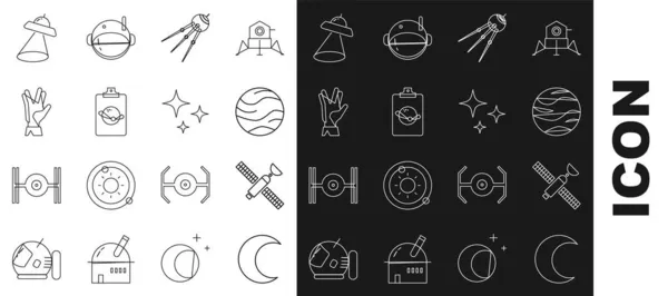 Set line Lua e estrelas, Satélite, Planeta, Saudação Vulcana, Nave voadora UFO e ícone de queda. Vetor — Vetor de Stock