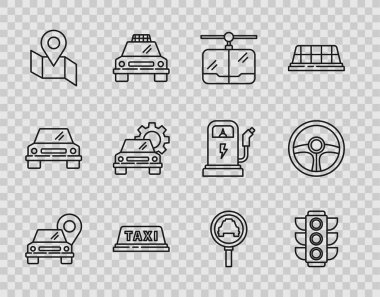Harita işaretleyiciyi taksi, trafik ışığı, kablo araba, taksi çatısı, katlanmış harita konum işareti, araba servisi, büyüteç ve direksiyon simgesi ile ayarla. Vektör