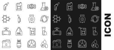 Dolar sembollü yağ damlası, endüstriyel metalik borular ve valf, benzin pompası enjektörü, benzen halkalarından oluşan kimyasal formül ve gaz endüstriyel yapı ikonu. Vektör