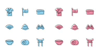 Sıcak çorba, suşi, Japon kostümü Kimono, Gate, Khinkali kesim tahtası, kağıt çin yemeği veya Japon bayrak direği ikonu. Vektör