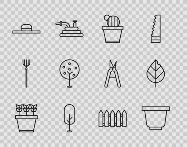 Set line Rostliny v květináči, Kaktus a šťavnaté, Strom, Dělnický klobouk, Zahradní plot dřevěný a listí ikony. Vektor — Stockový vektor