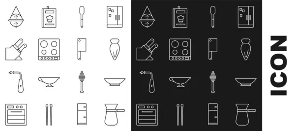 Set line Koffie turk, Schaal, Gebak zak voor taarten, Lepel, Gasfornuis, Mes, Ball thee zeef en Meat chopper icoon versieren. Vector — Stockvector