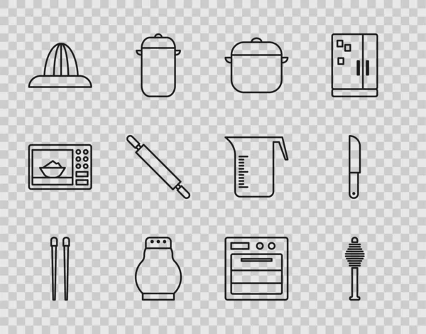 Set line Voedingsstokjes, Honingdipper, kookpot, zout en peper, citrusvruchtensapcentrifuge, Rolling pin, Oven en Knife icon. Vector — Stockvector