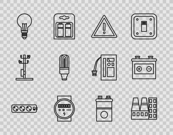 Set line Electric extension cord, Power station plant and factory, Exclamation mark in triangle, meter, Light bulb with concept of idea, LED light, Car battery and icon. Vector — Stock Vector